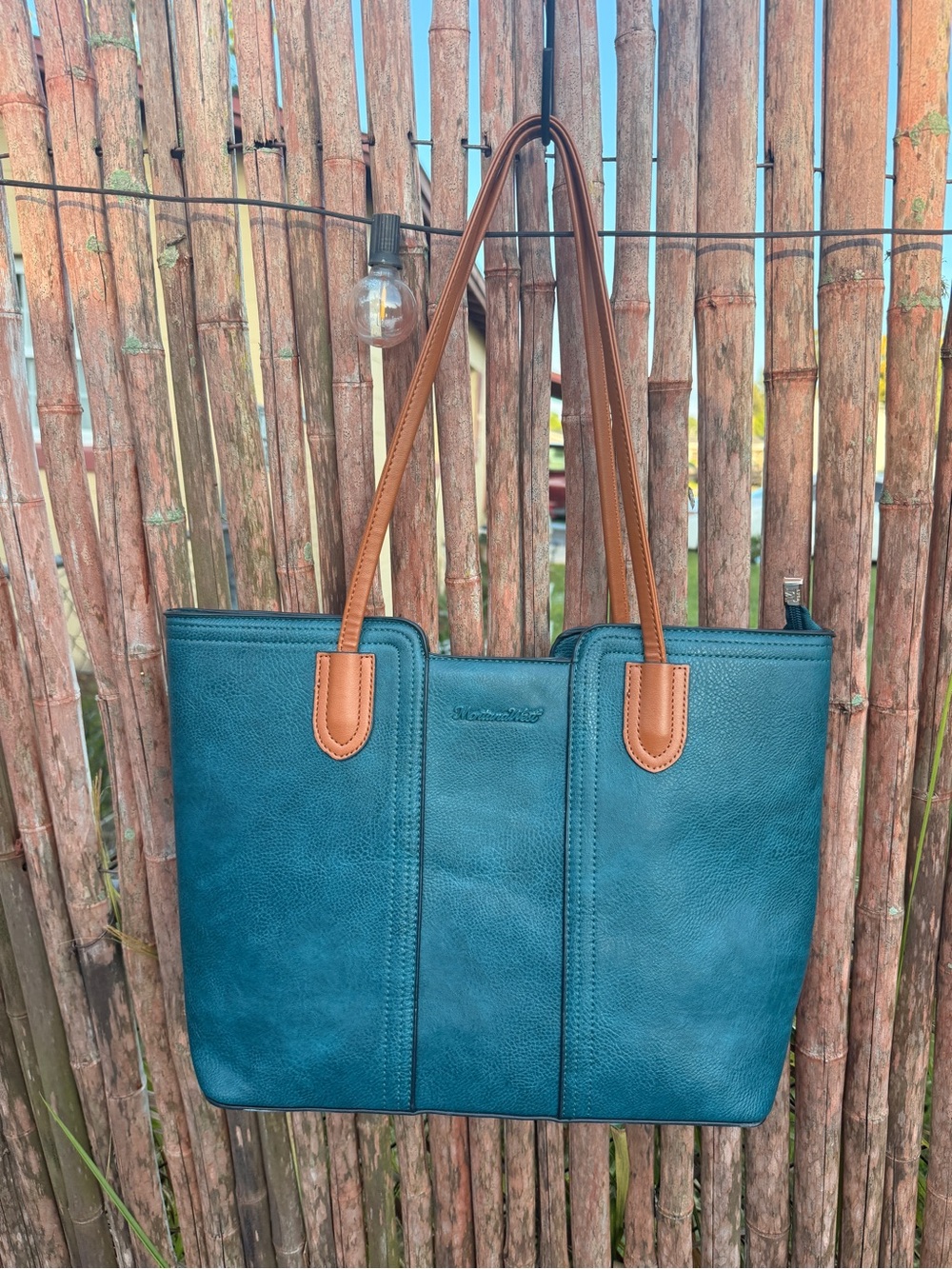 Women’s Montana West Teal Tote with Tan Handles